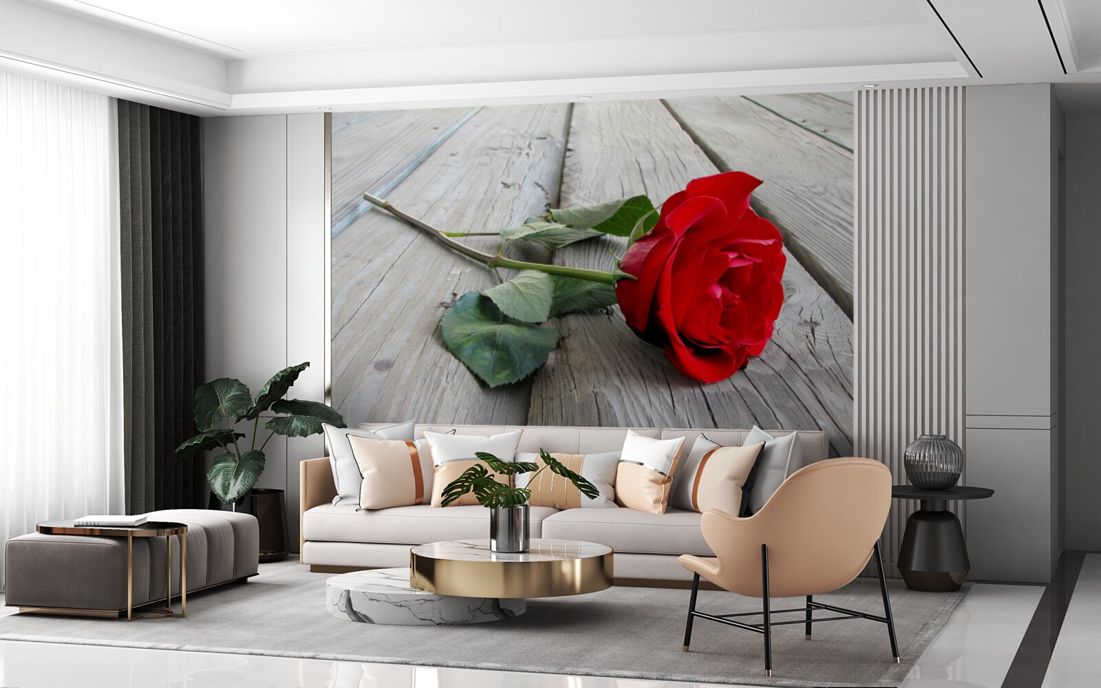 Fototapet floare stacojie pe o suprafață de lemn