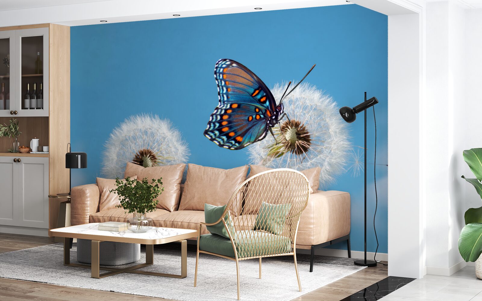 Fototapet un fluture se așează pe o păpădie ofilită