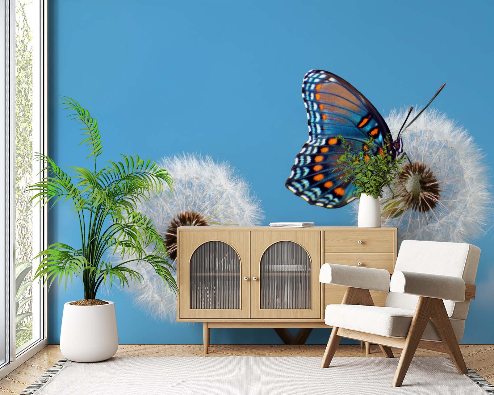 Fototapet un fluture se așează pe o păpădie ofilită