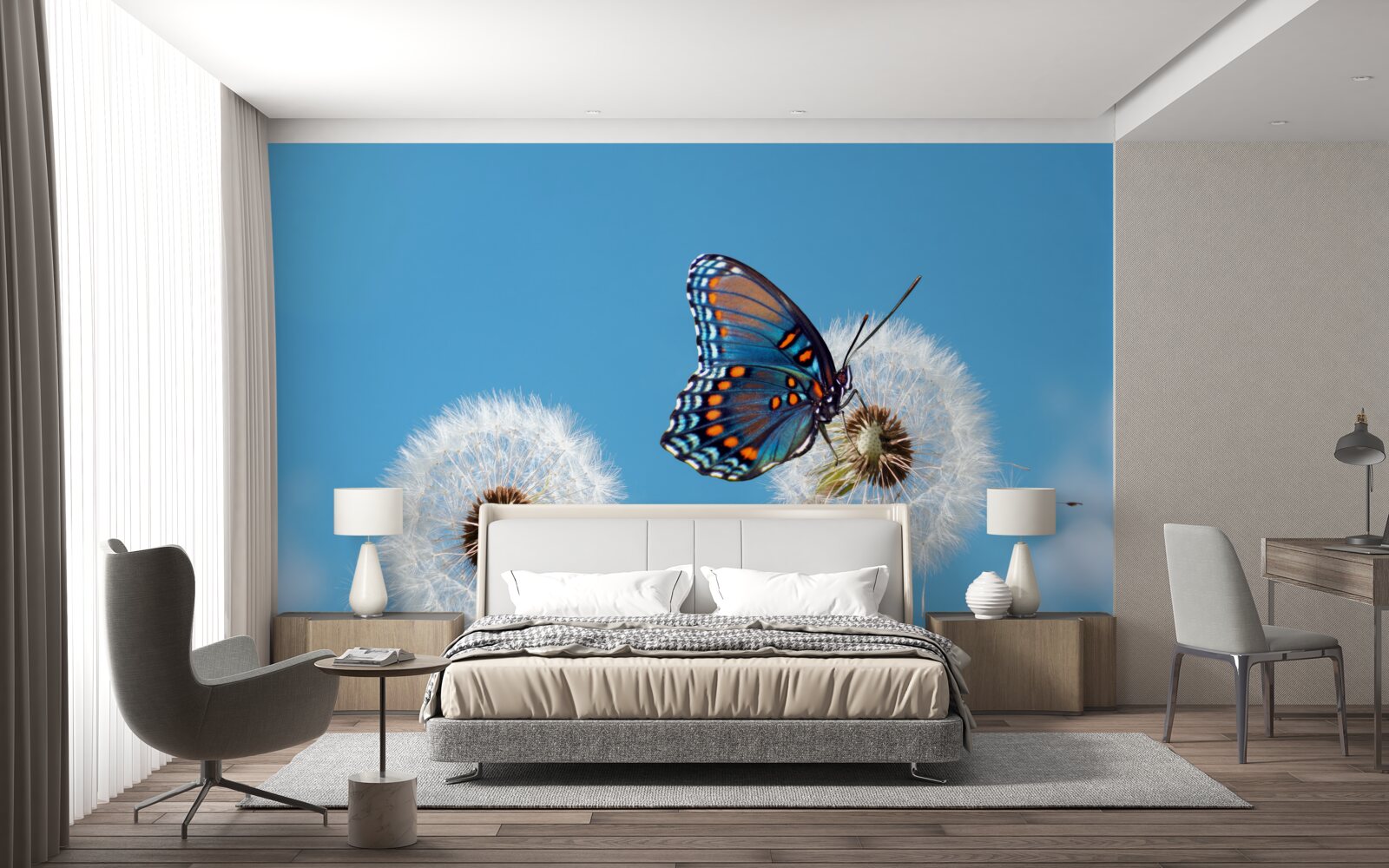 Fototapet un fluture se așează pe o păpădie ofilită