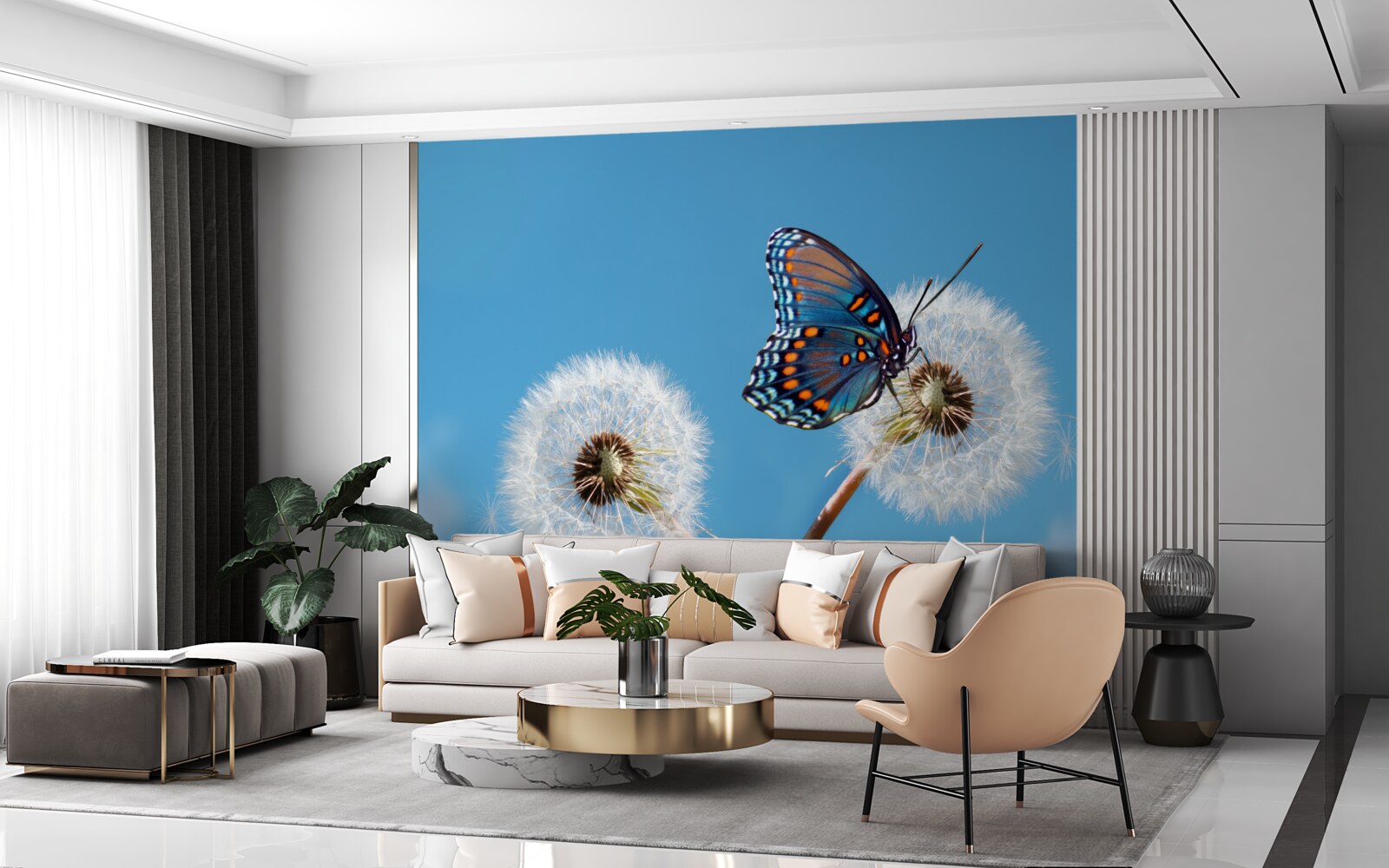 Fototapet un fluture se așează pe o păpădie ofilită