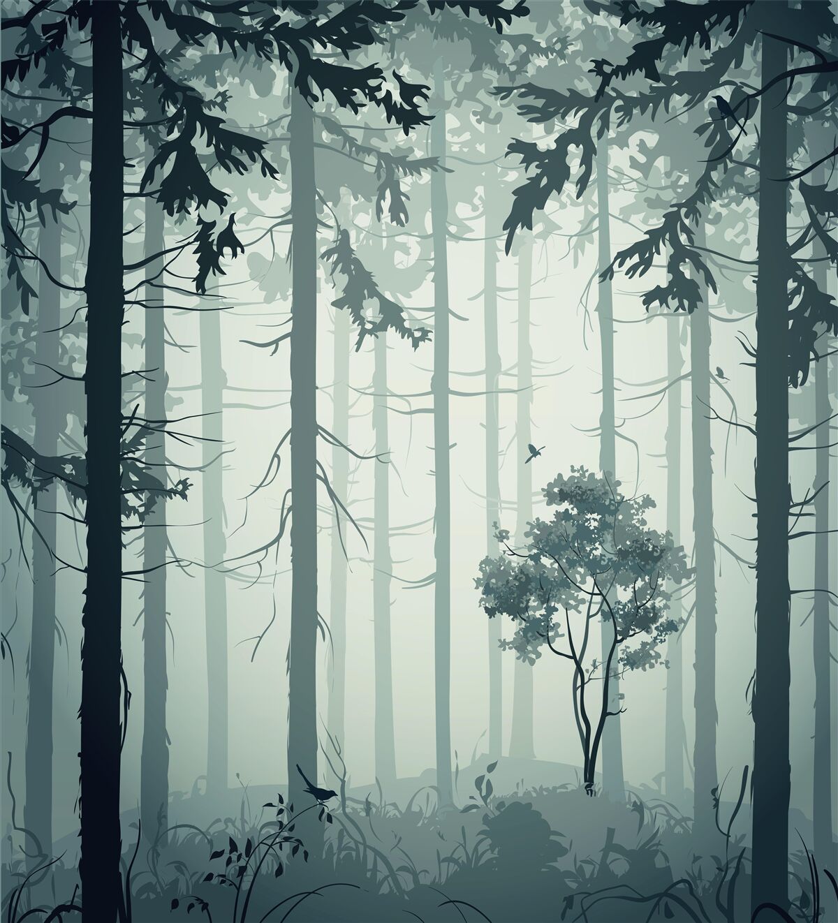 Fototapet pădure învăluită într-o ceață misterioasă