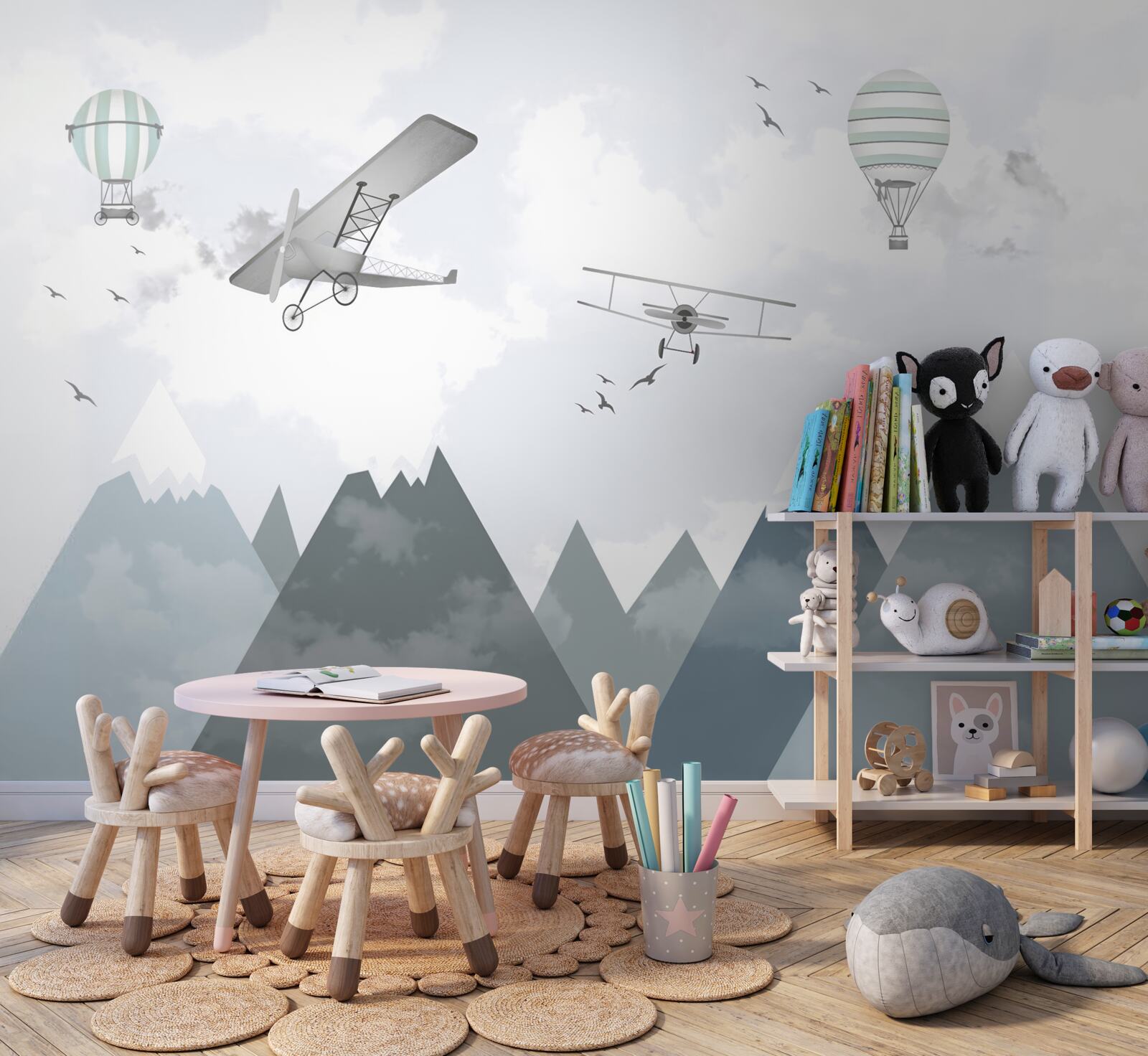 Fototapet avioane și elicoptere survolează vârfurile munților