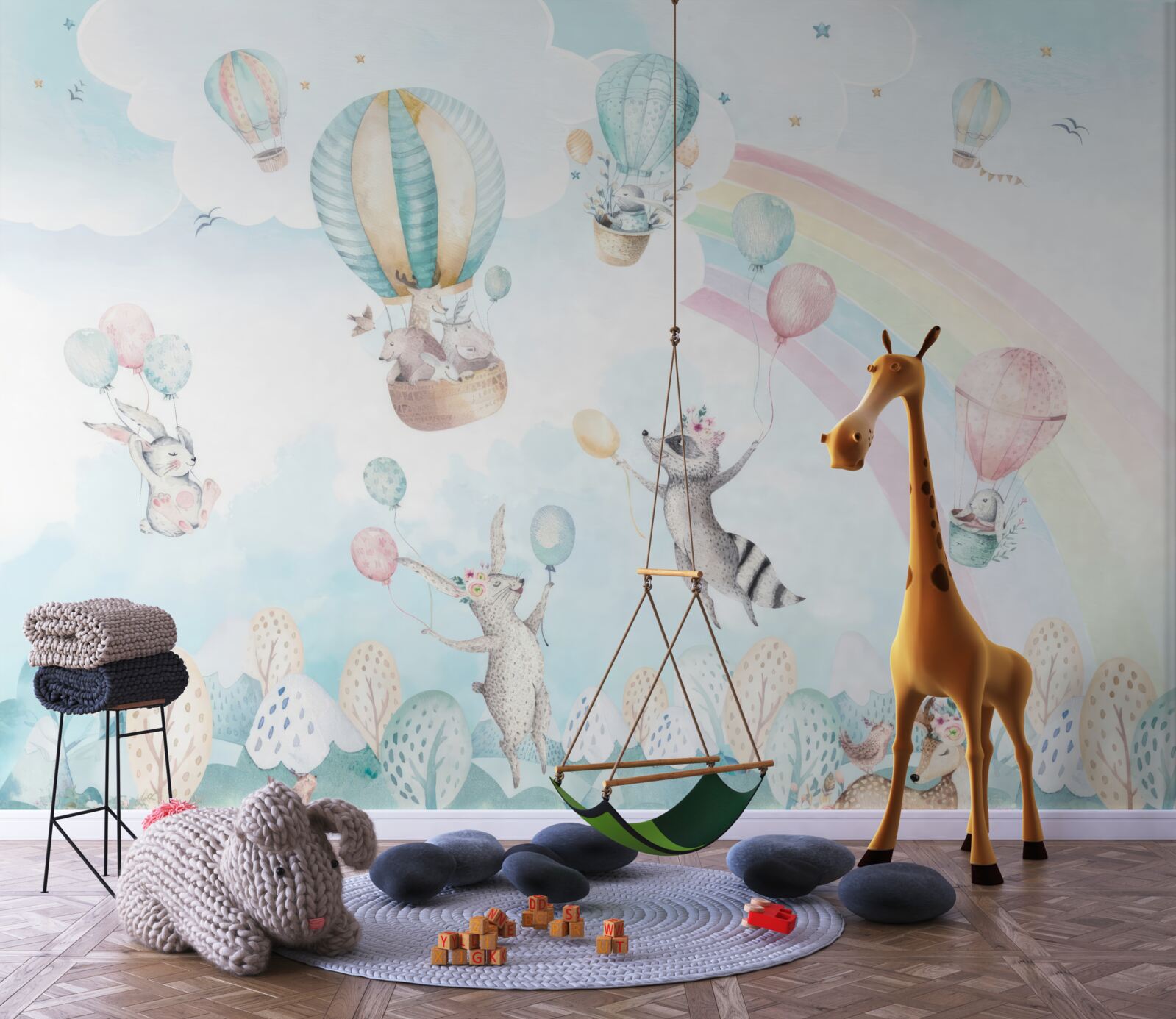 Fototapet animalele se joacă cu mingi și zboară