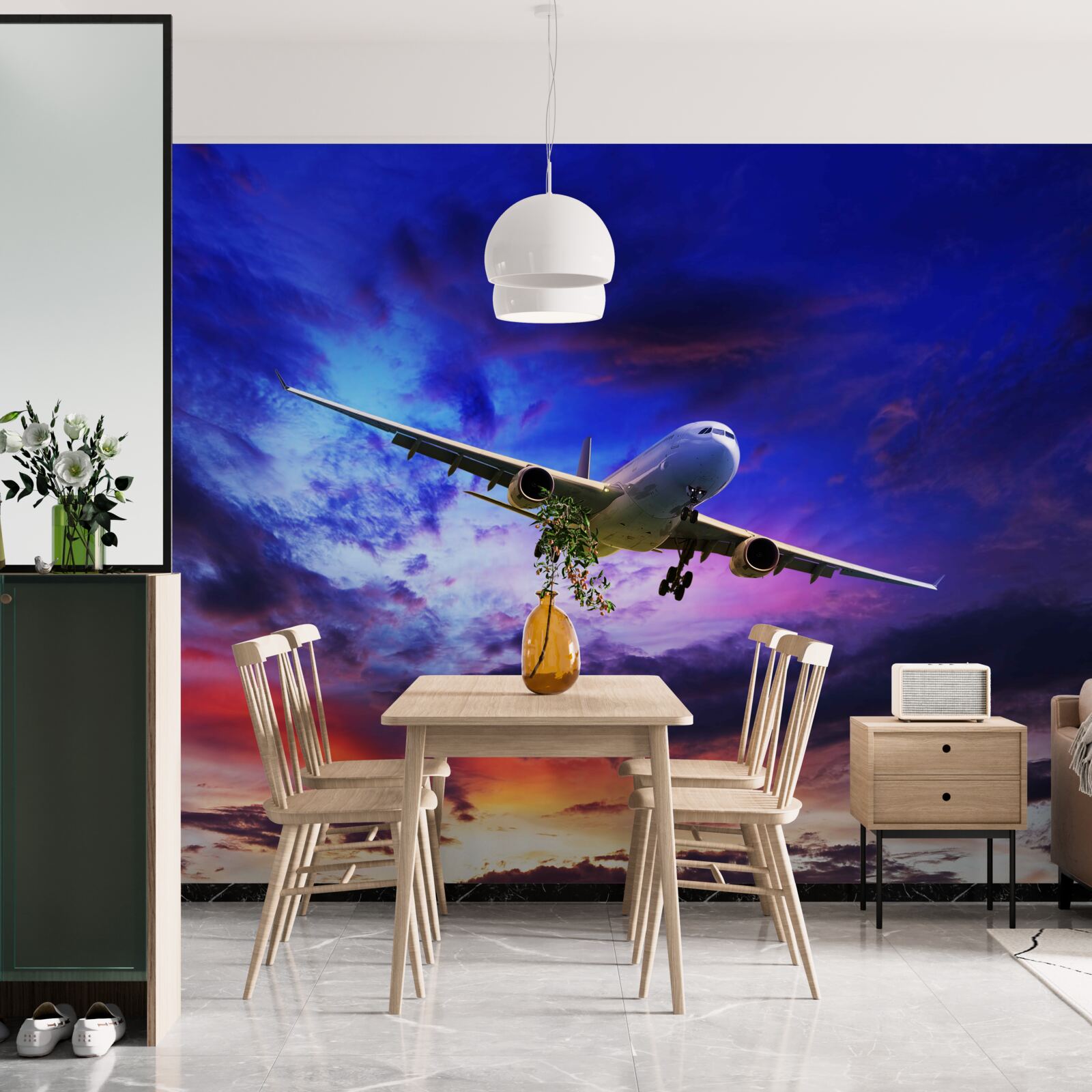 Fototapet avion de pasageri pe cerul de seară