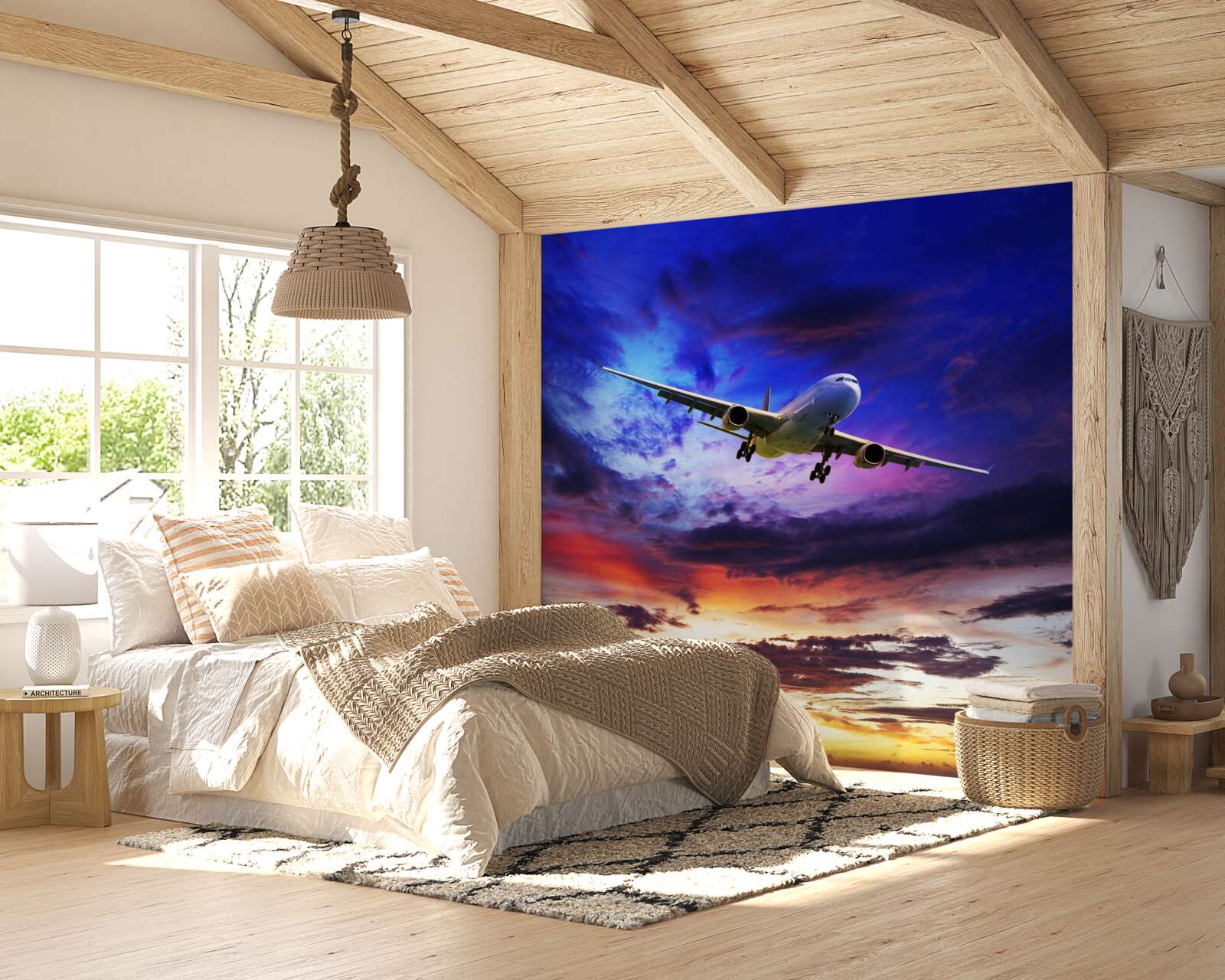 Fototapet avion de pasageri pe cerul de seară