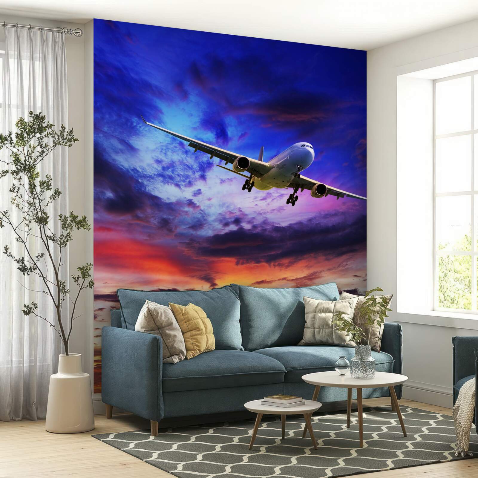 Fototapet avion de pasageri pe cerul de seară