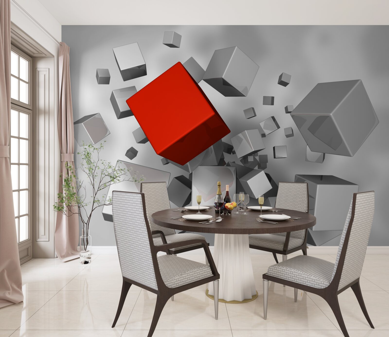 Fototapet cuburi albe mari și un cub cărămiziu