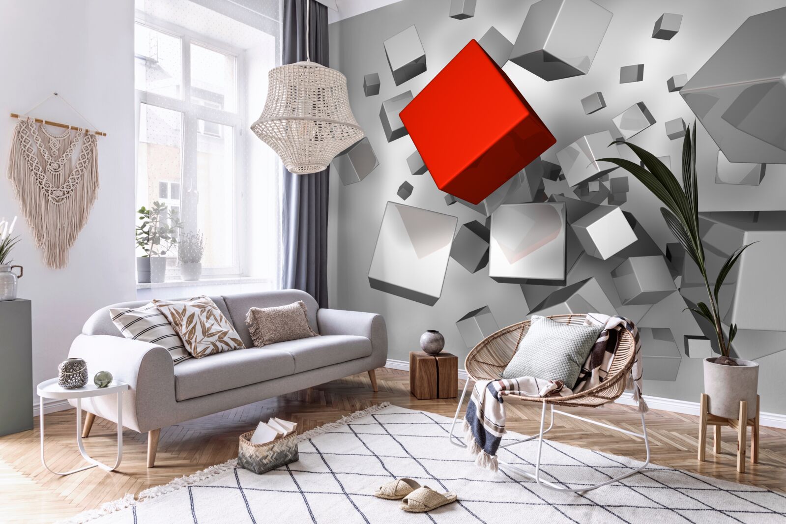 Fototapet cuburi albe mari și un cub cărămiziu