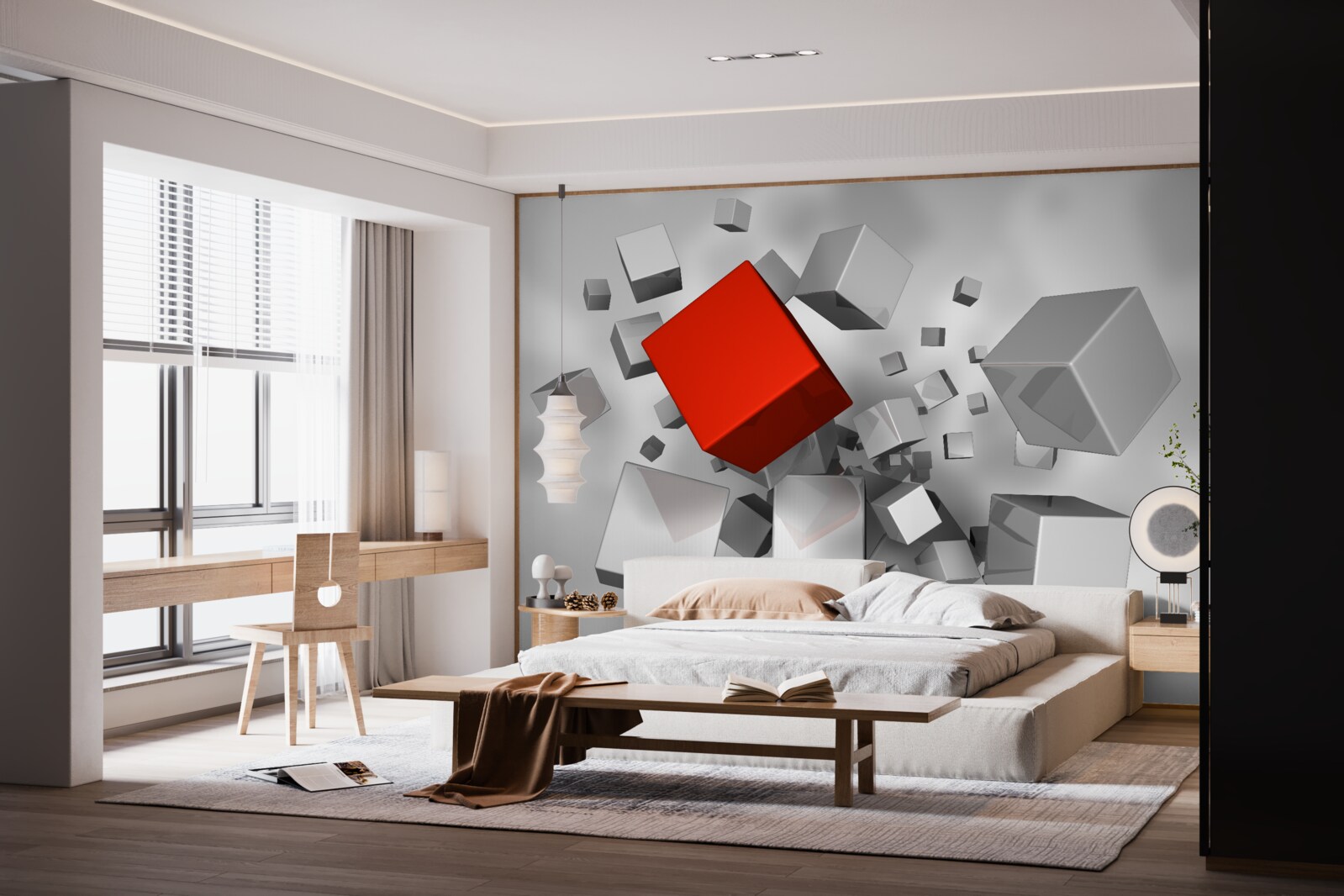 Fototapet cuburi albe mari și un cub cărămiziu