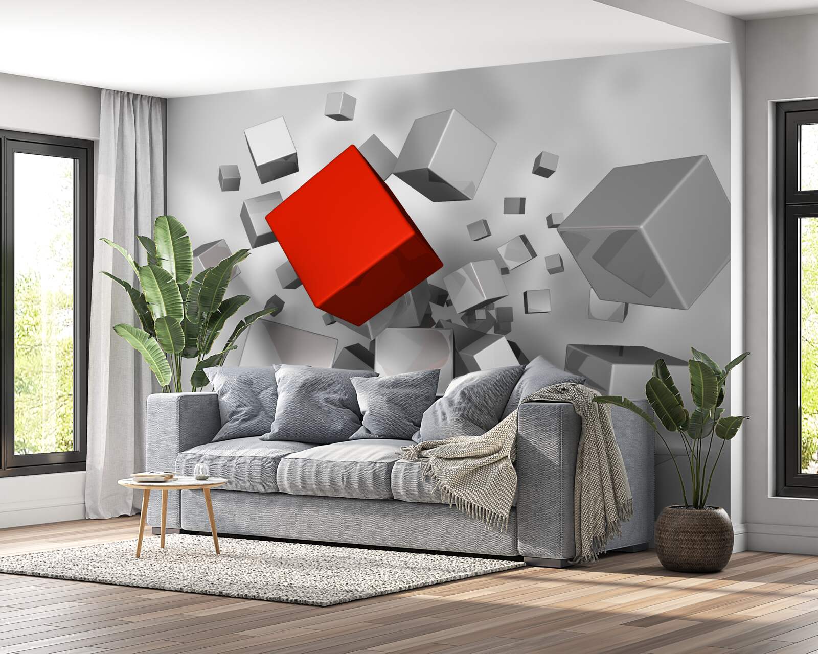 Fototapet cuburi albe mari și un cub cărămiziu