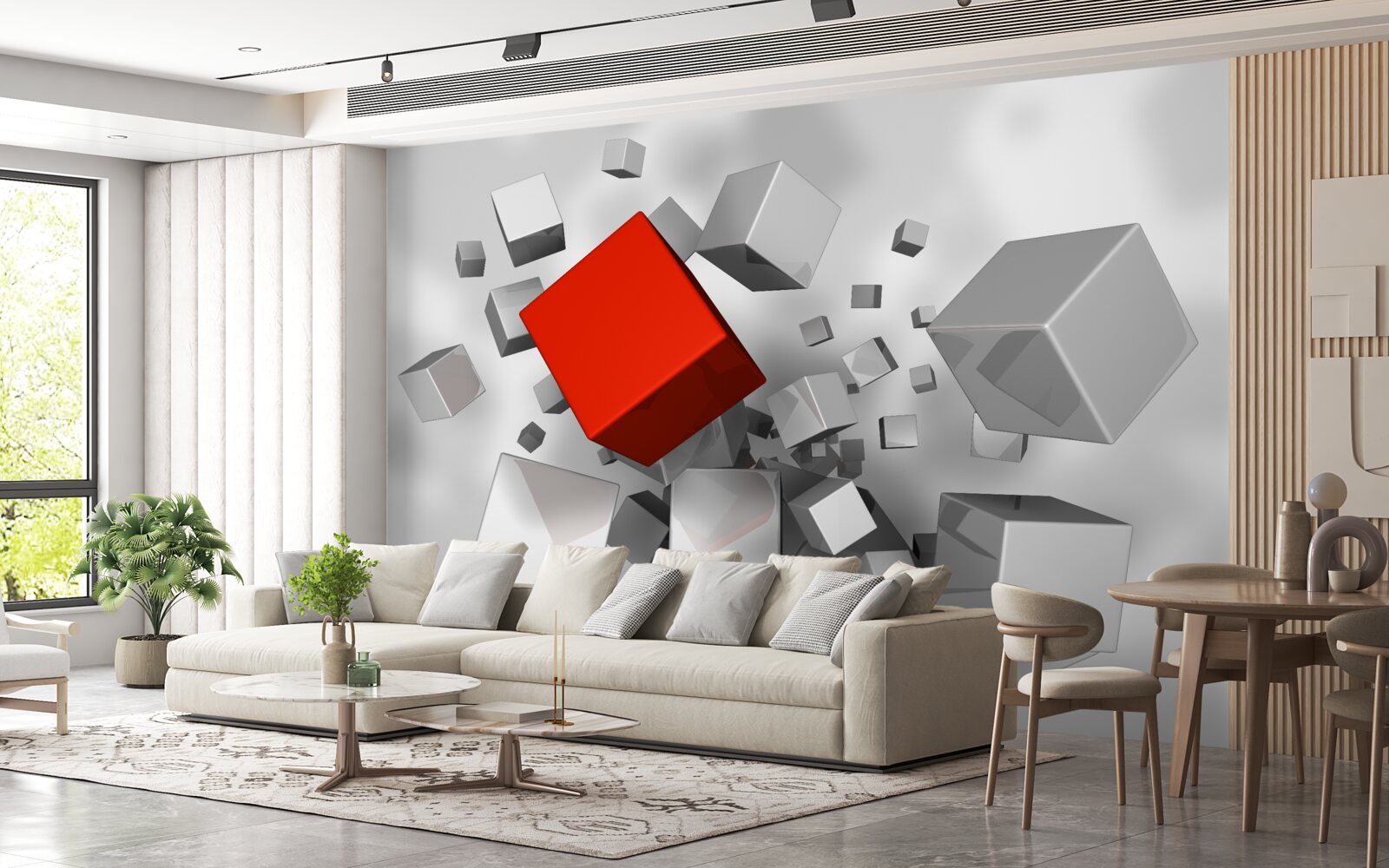 Fototapet cuburi albe mari și un cub cărămiziu