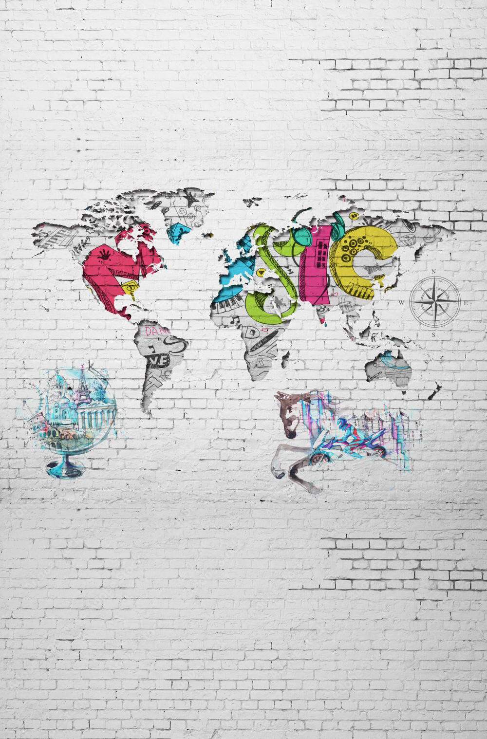 Fototapet hartă a lumii în culori diferite pe un perete alb