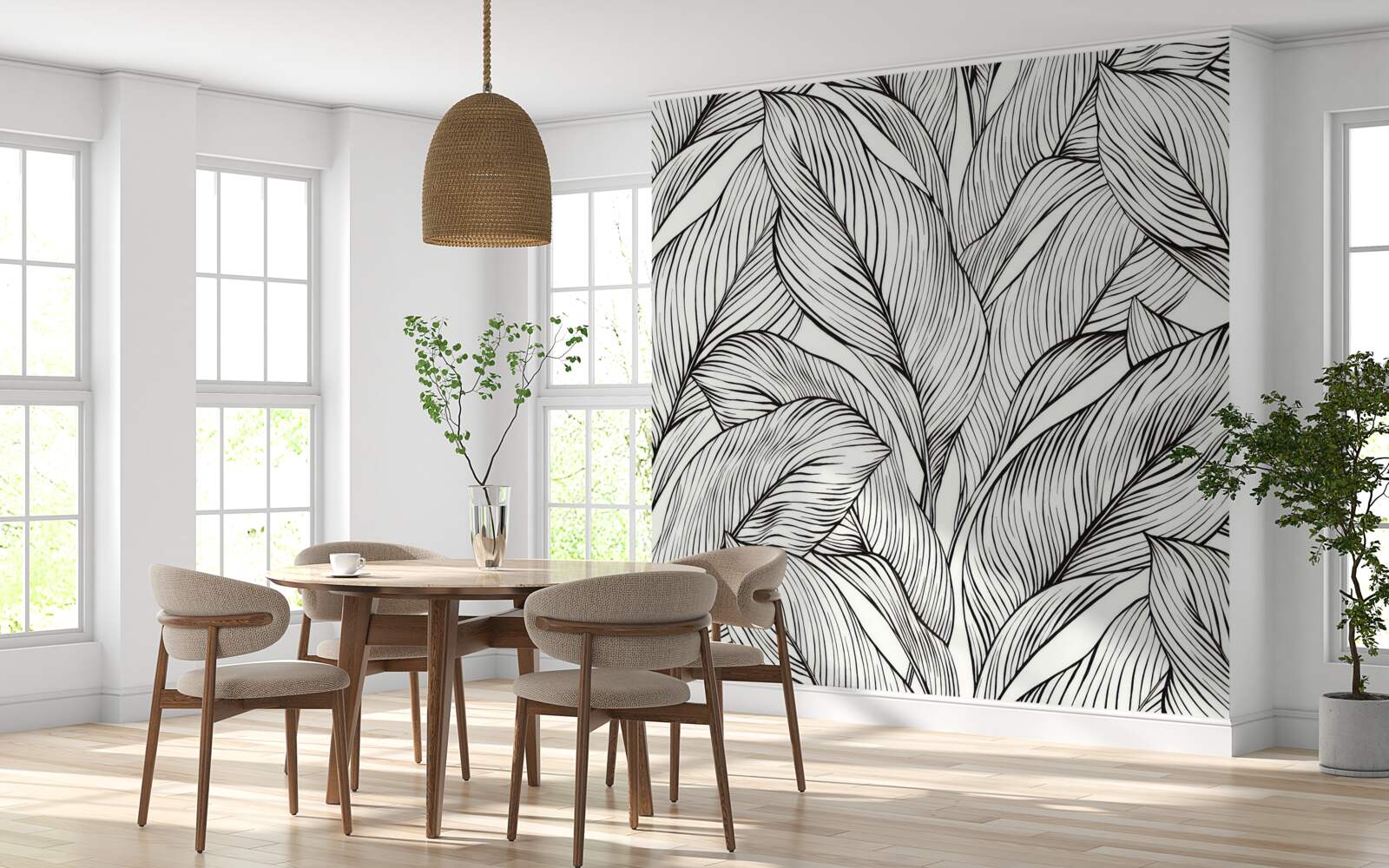 Fototapet frunze realizate în alb și negru