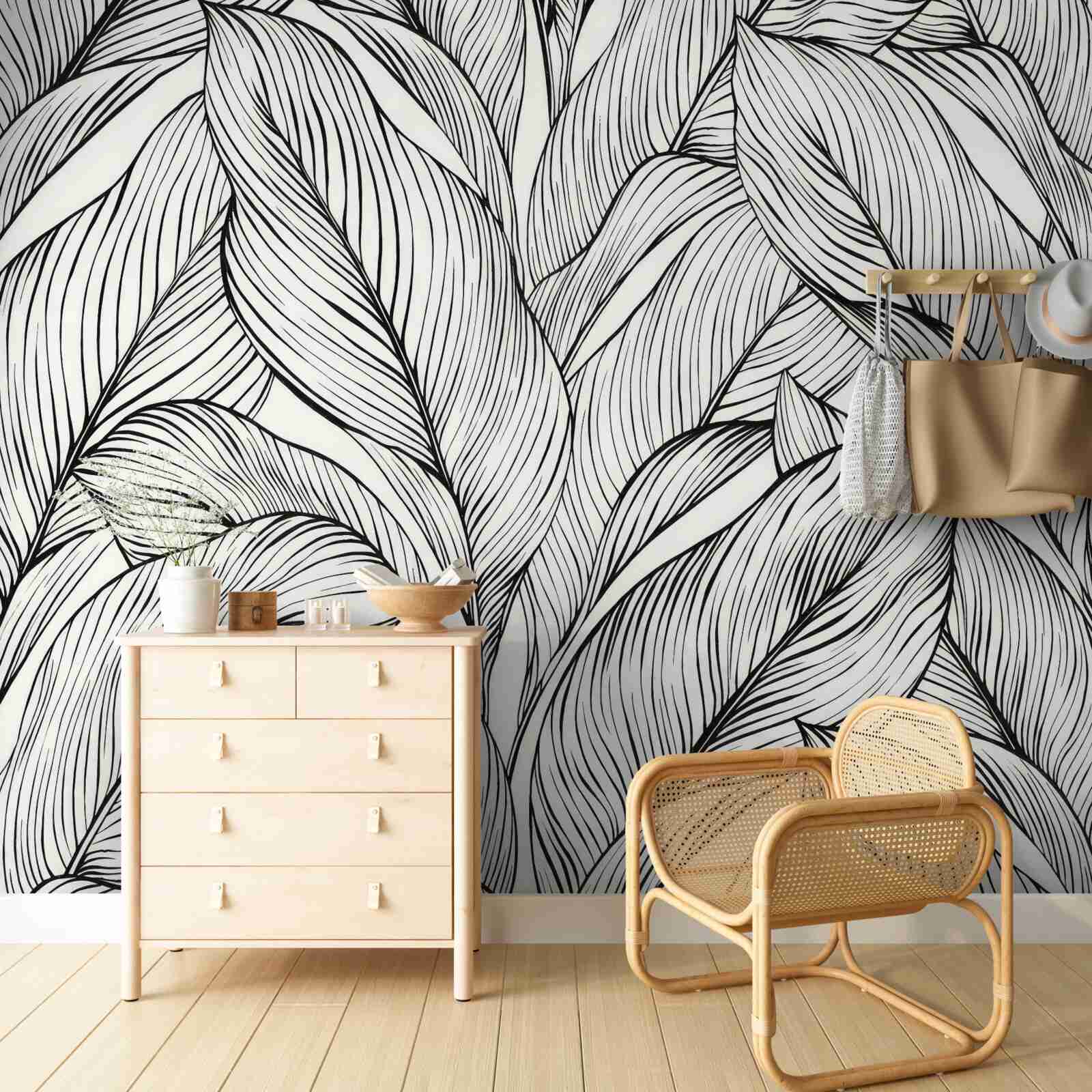 Fototapet frunze realizate în alb și negru