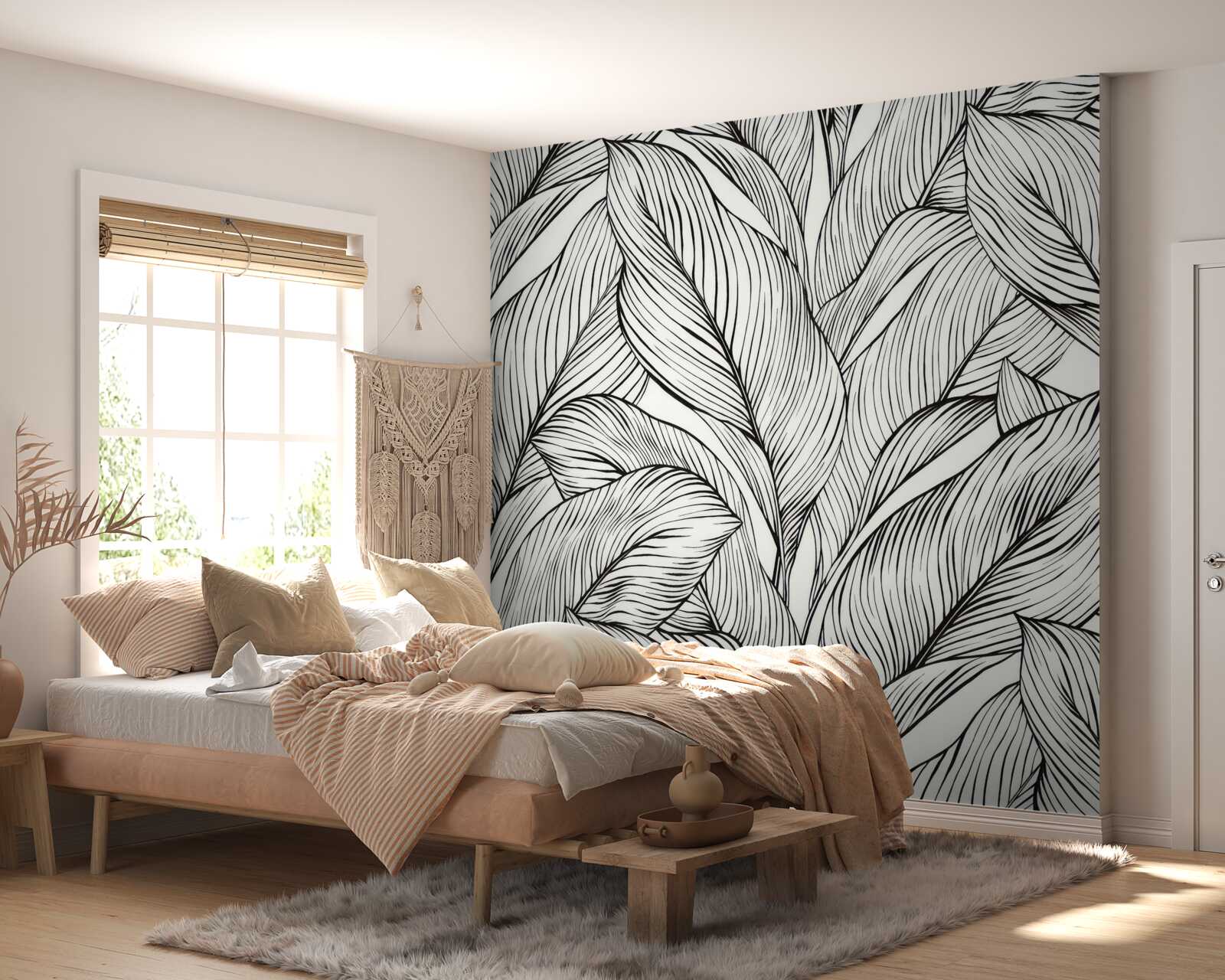 Fototapet frunze realizate în alb și negru