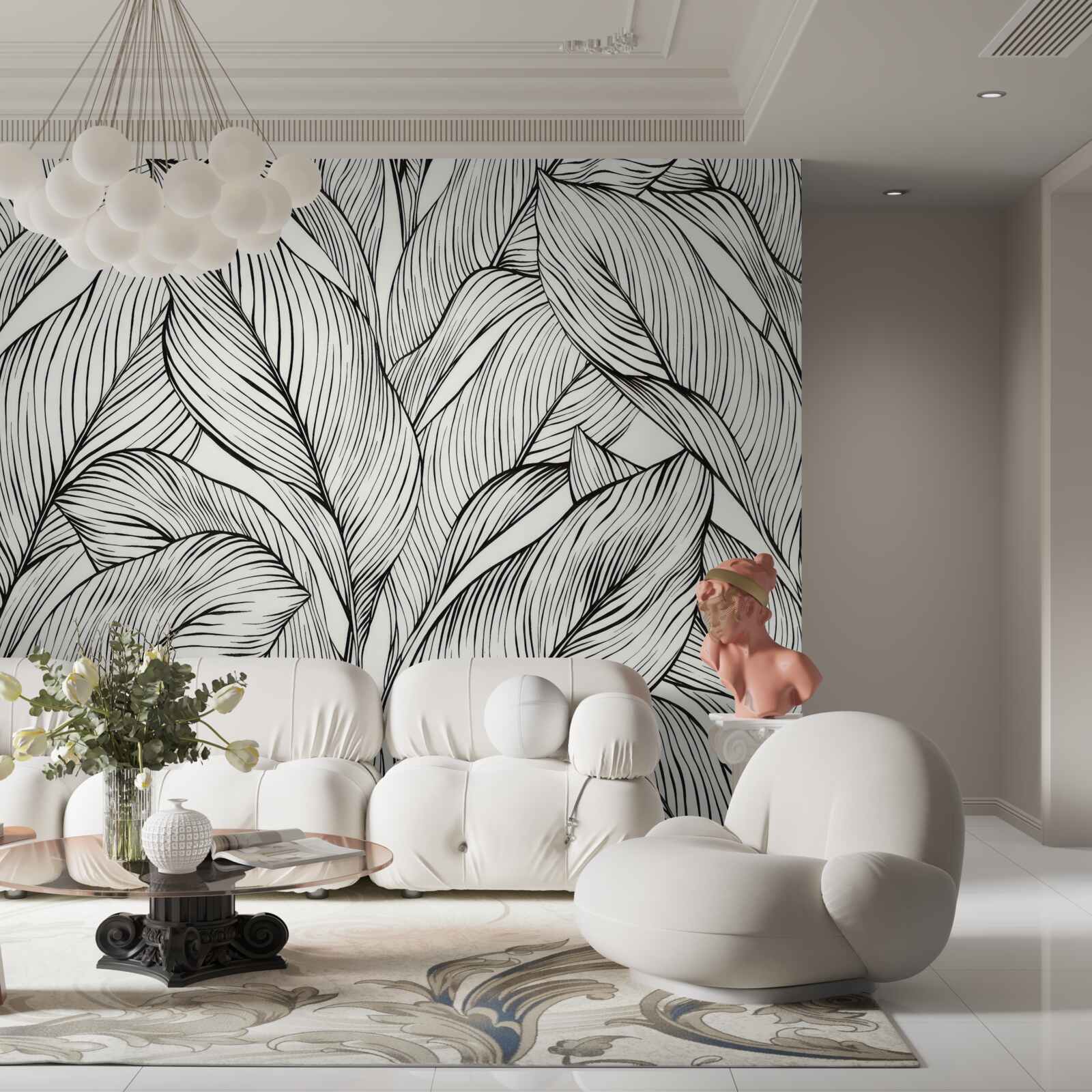 Fototapet frunze realizate în alb și negru