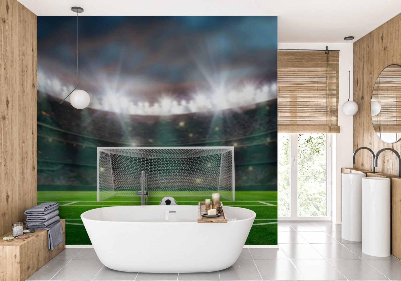 Fototapet pe teren, lângă poartă, mingea zace