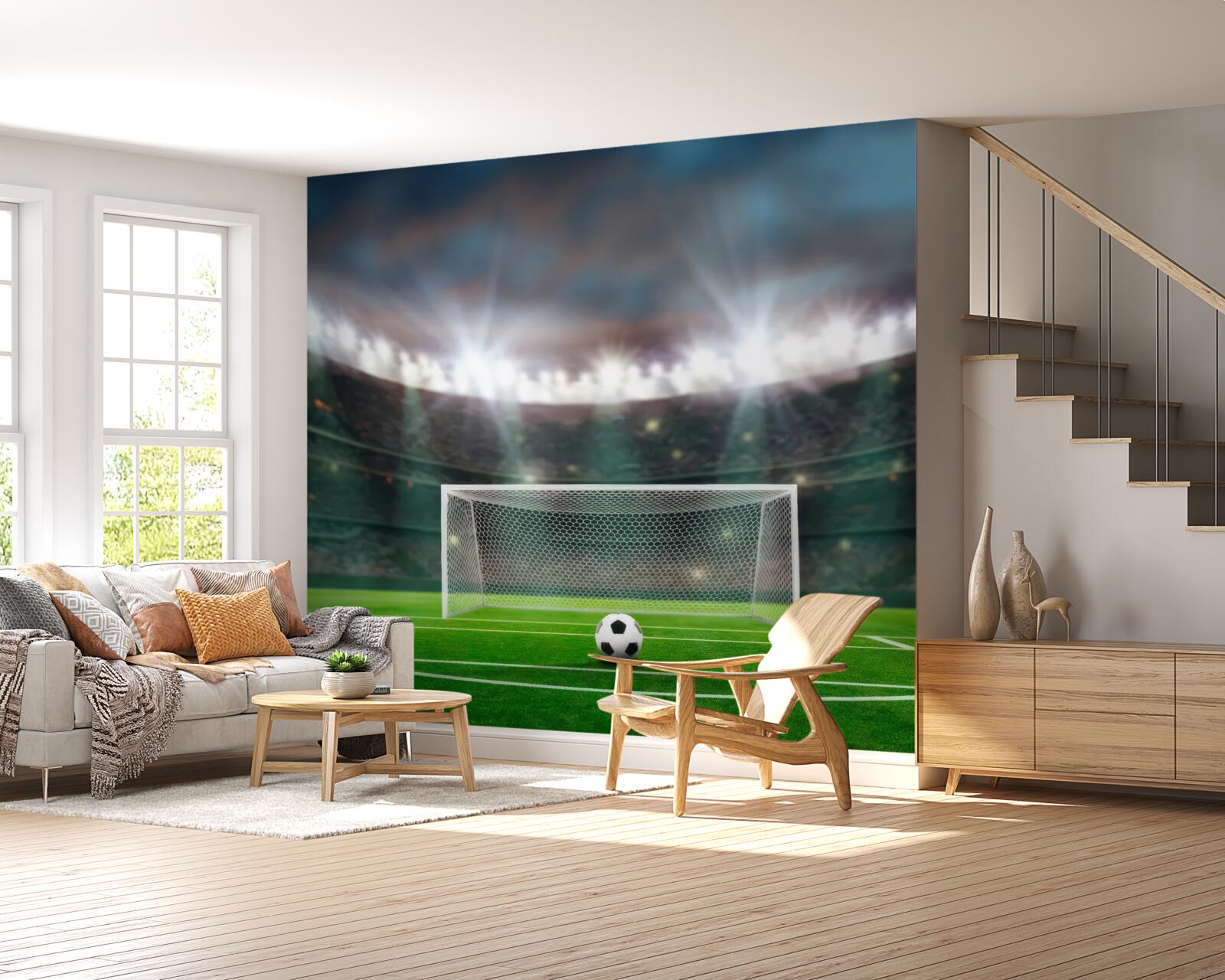 Fototapet pe teren, lângă poartă, mingea zace