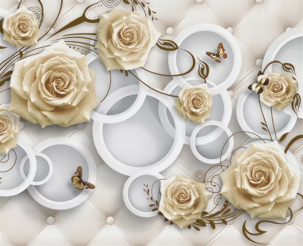Fototapet trandafiri crem și fluturi