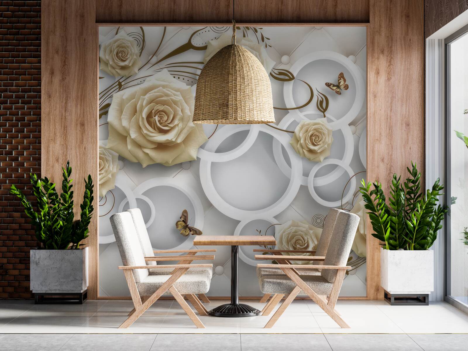 Fototapet trandafiri crem și fluturi