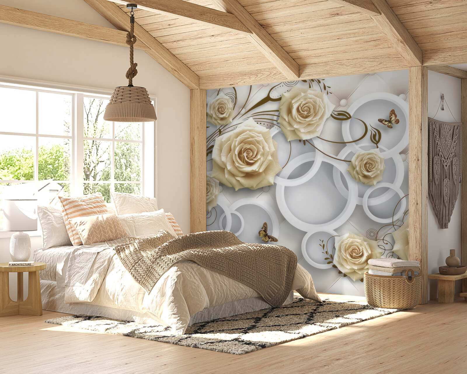 Fototapet trandafiri crem și fluturi