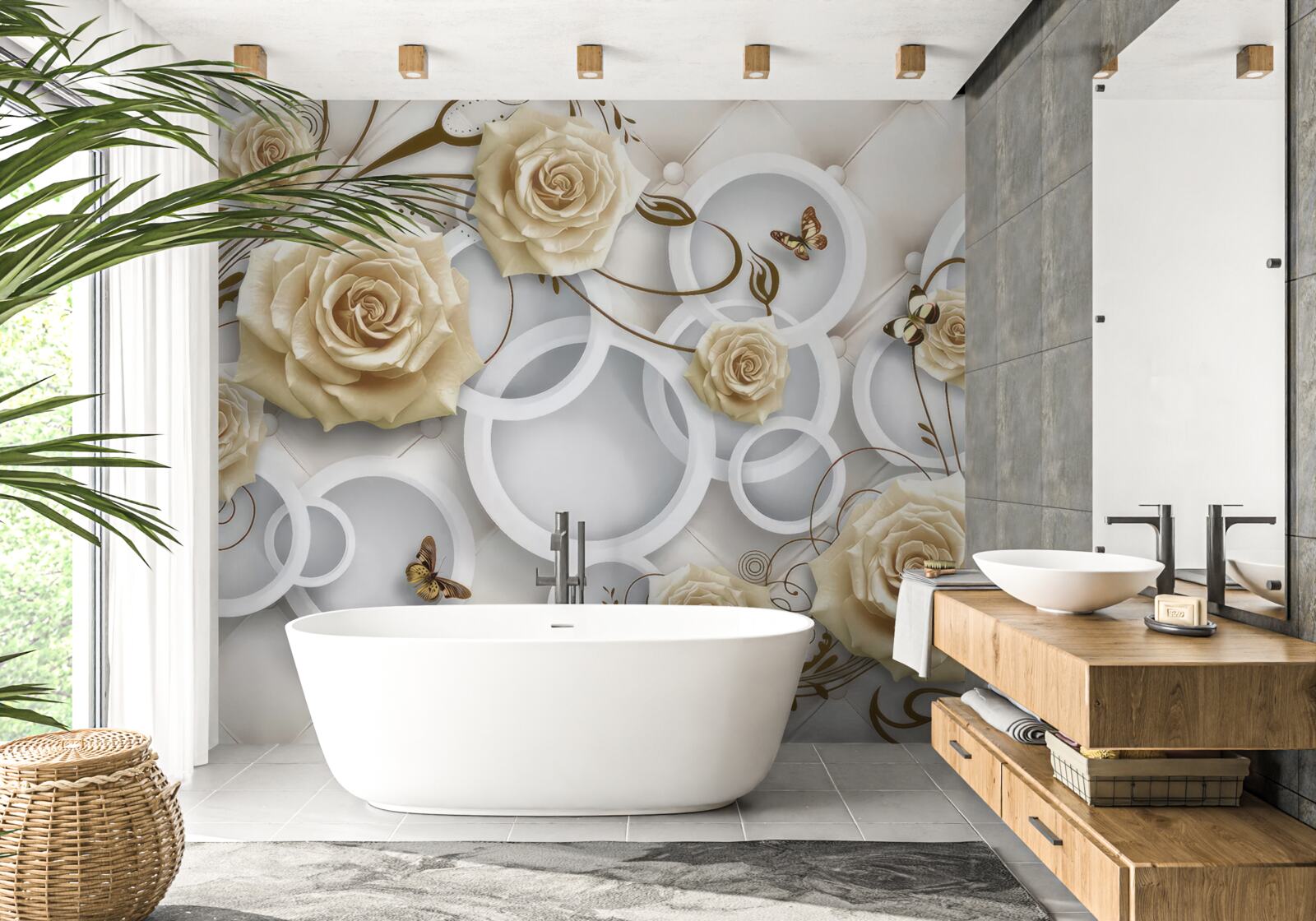 Fototapet trandafiri crem și fluturi