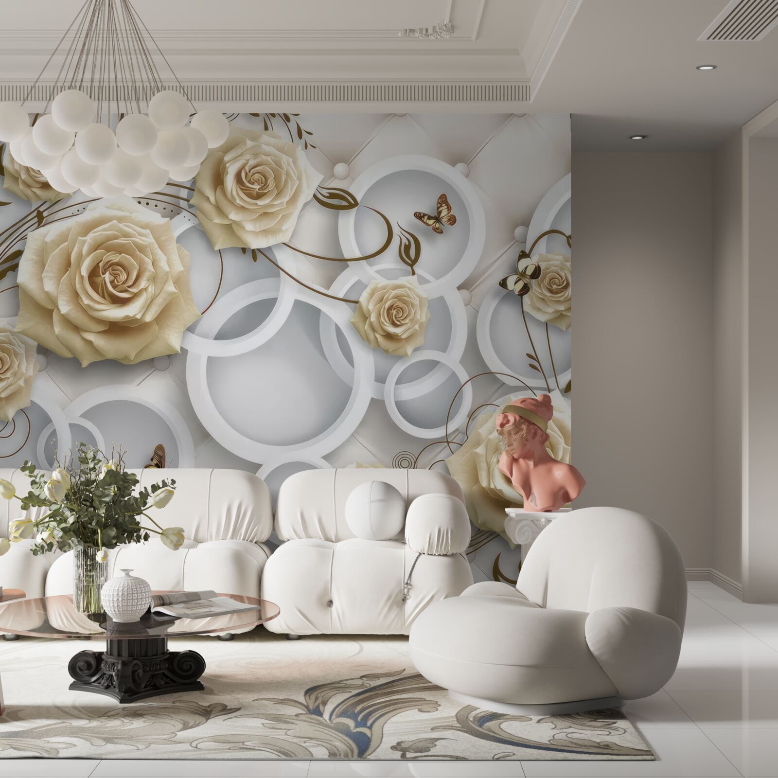 Fototapet trandafiri crem și fluturi