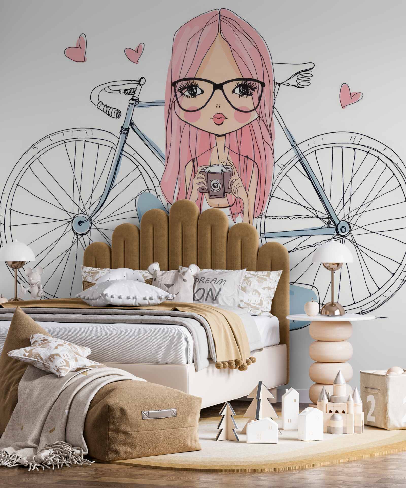 Fototapet o fată cu un aparat de fotografiat în mâini era sprijinită de o bicicletă