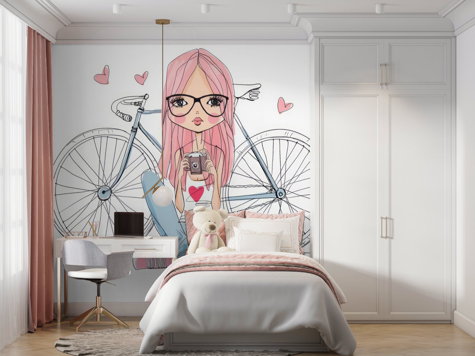 Fototapet o fată cu un aparat de fotografiat în mâini era sprijinită de o bicicletă