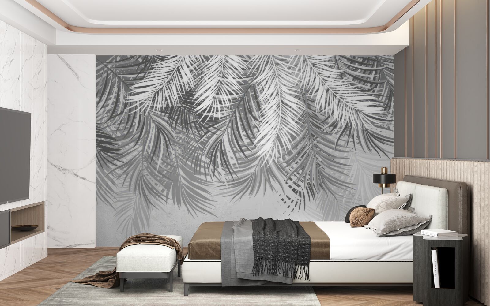 Fototapet ferigi suspendate în nuanțe de alb și gri