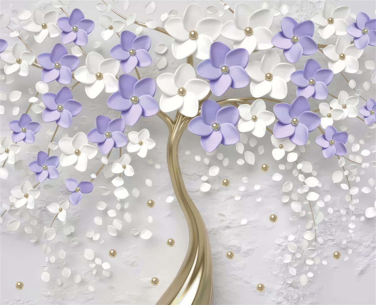 Fototapet copac auriu decorat cu flori albe și liliachii