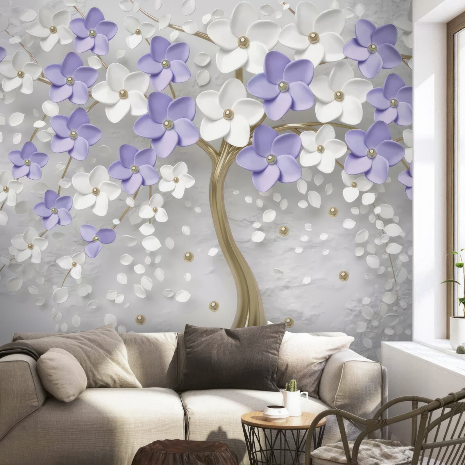 Fototapet copac auriu decorat cu flori albe și liliachii