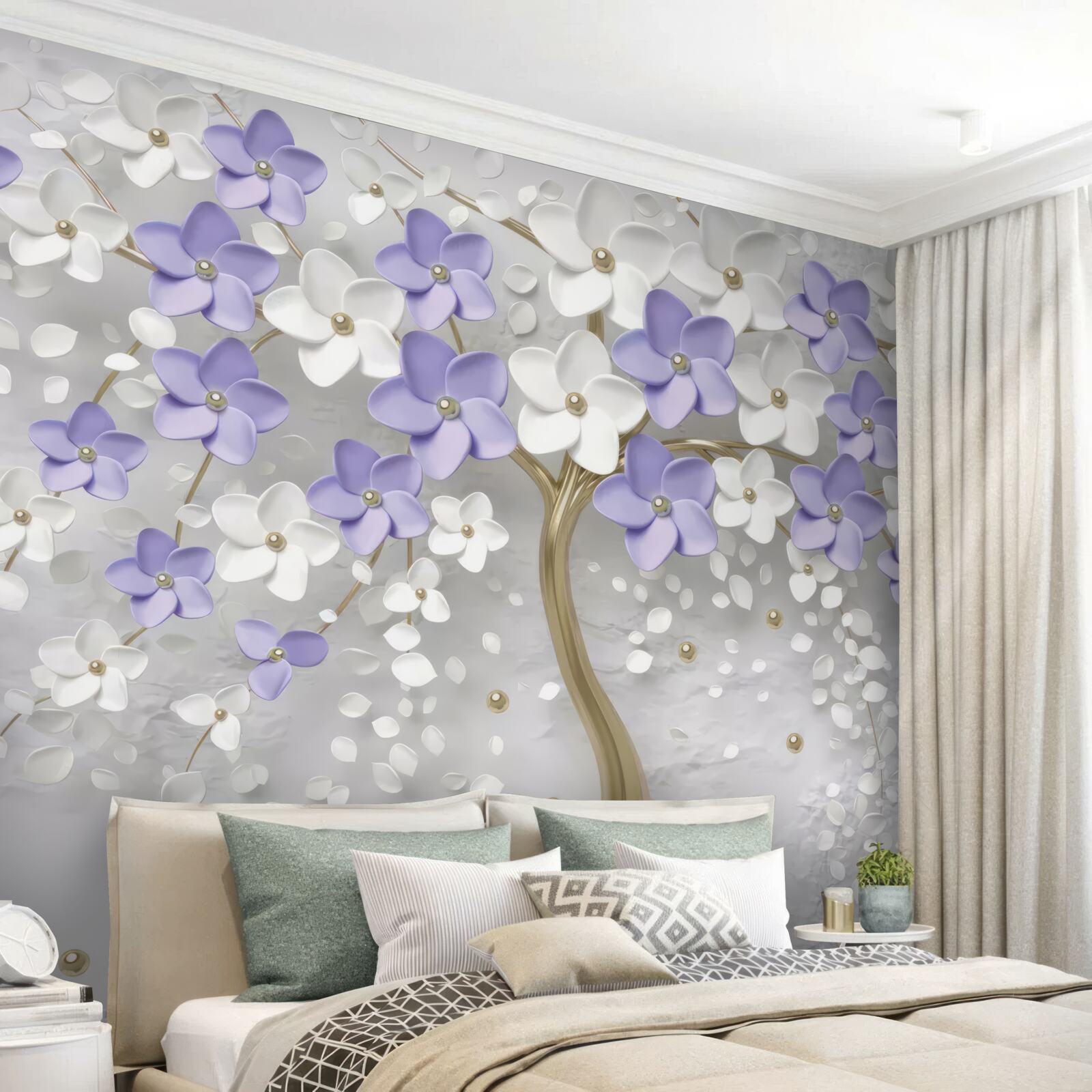 Fototapet copac auriu decorat cu flori albe și liliachii