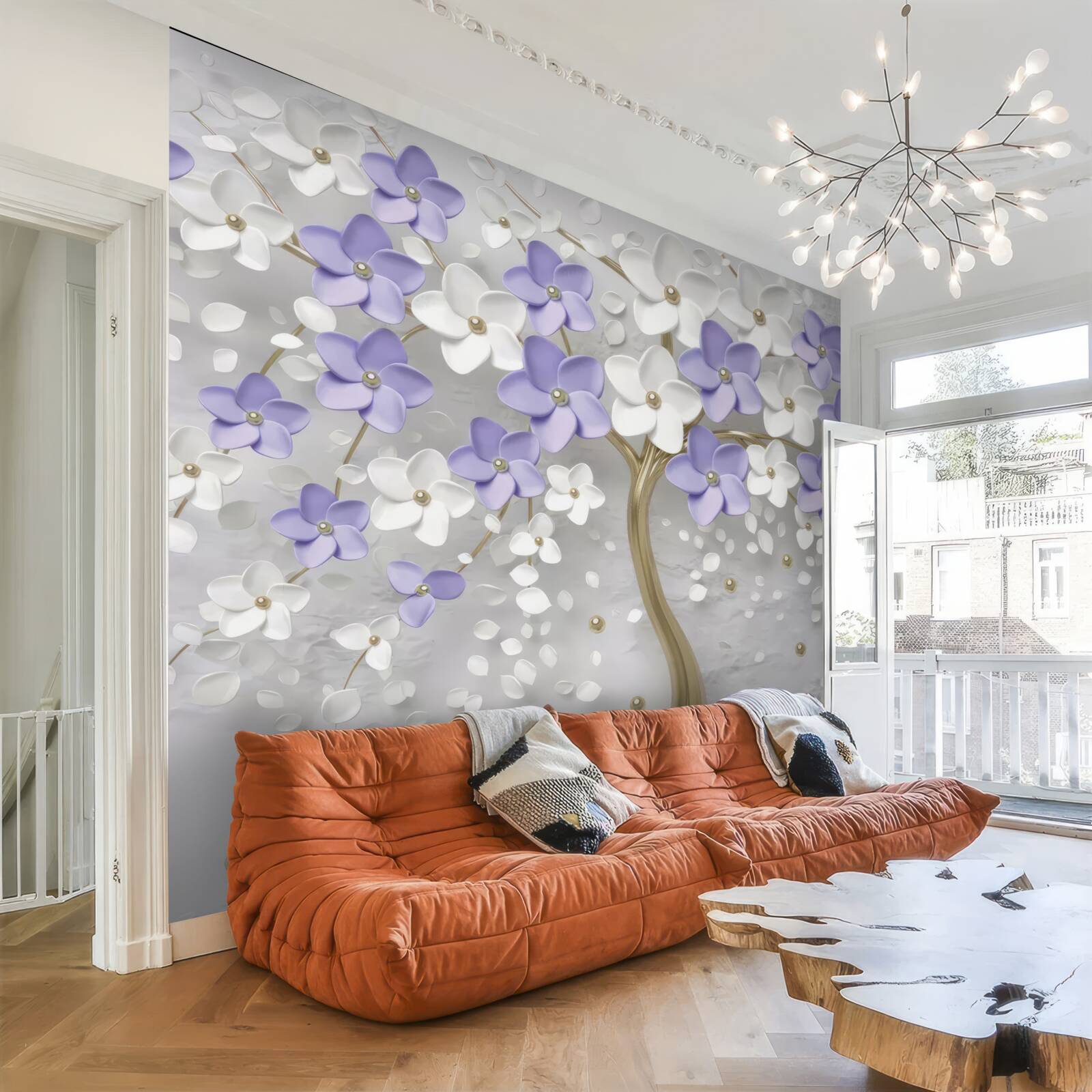 Fototapet copac auriu decorat cu flori albe și liliachii