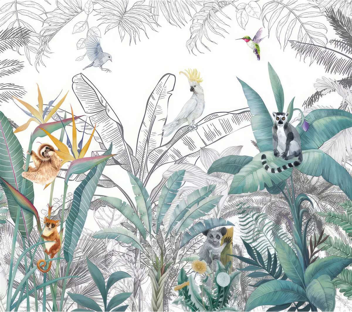 Fototapet păsări și animale pe o varietate de frunze