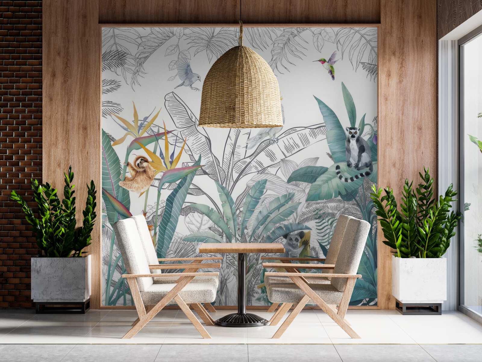 Fototapet păsări și animale pe o varietate de frunze