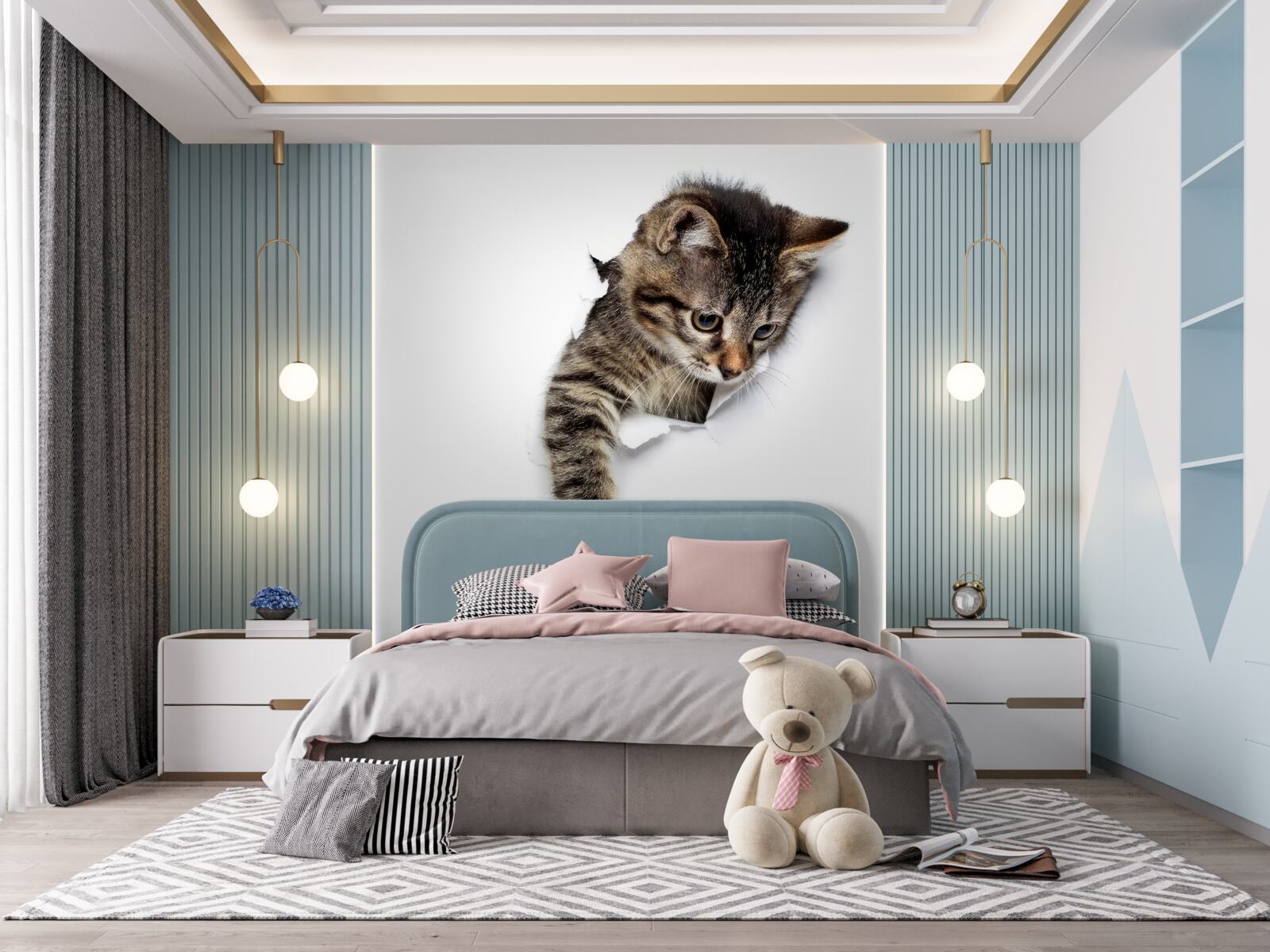 Fototapet o pisicuță iese dintr-un perete alb