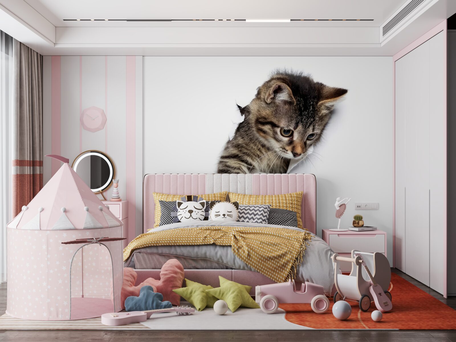 Fototapet o pisicuță iese dintr-un perete alb