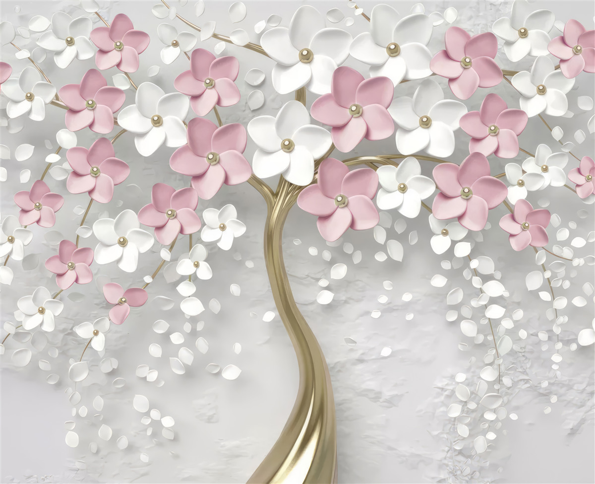 Fototapet flori mici în alb și roz pe un copac cu frunze de aur