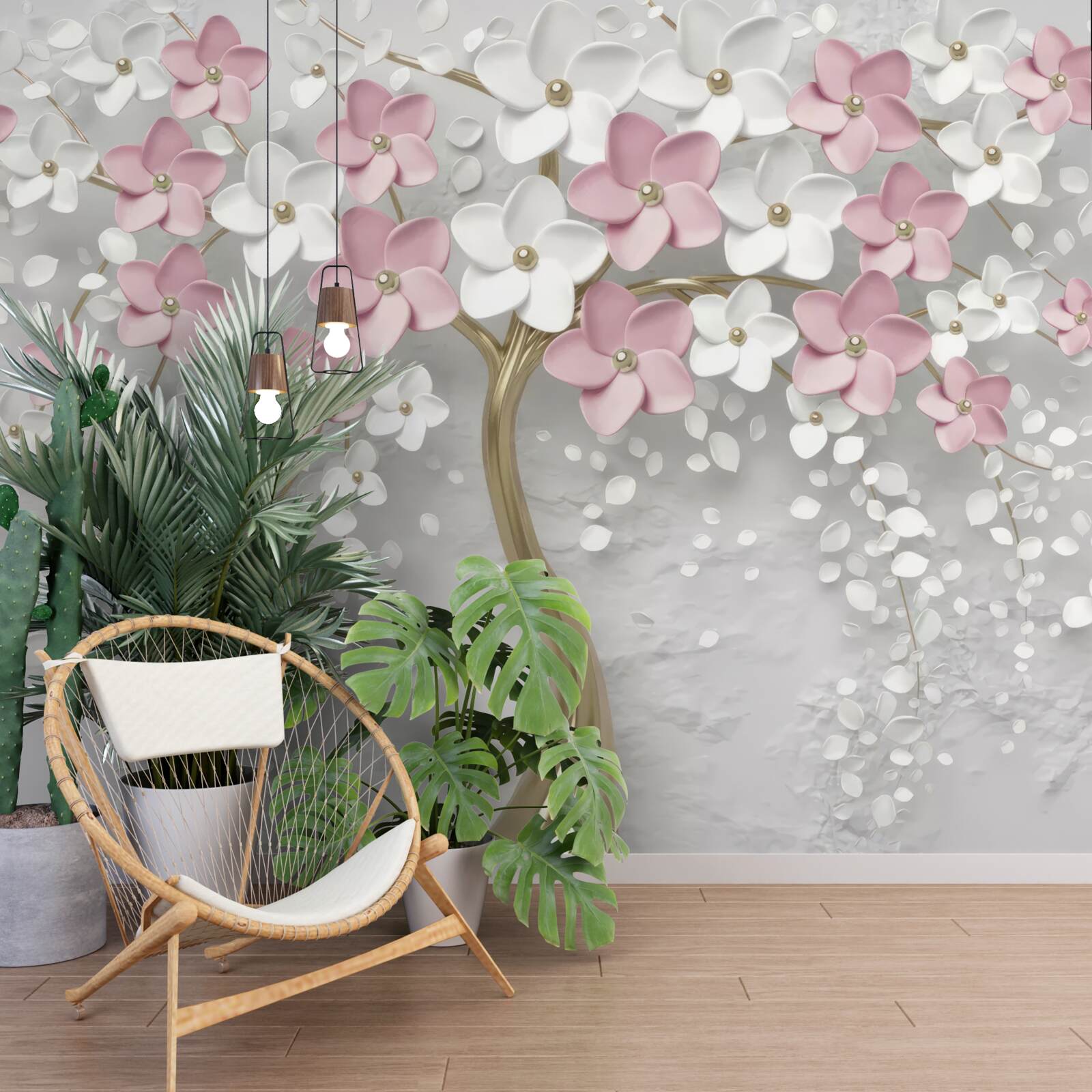 Fototapet flori mici în alb și roz pe un copac cu frunze de aur