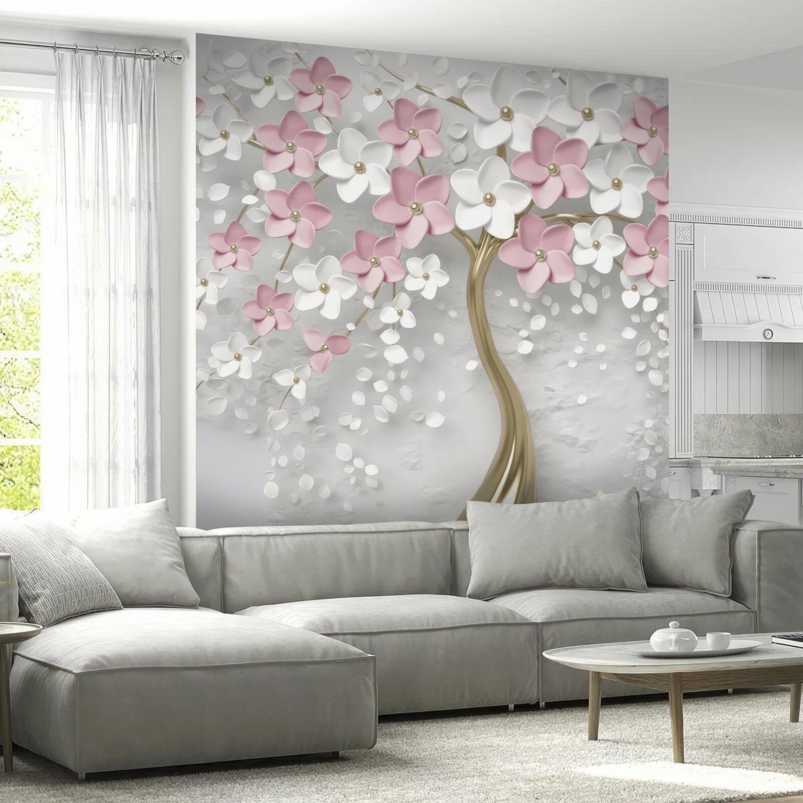 Fototapet flori mici în alb și roz pe un copac cu frunze de aur