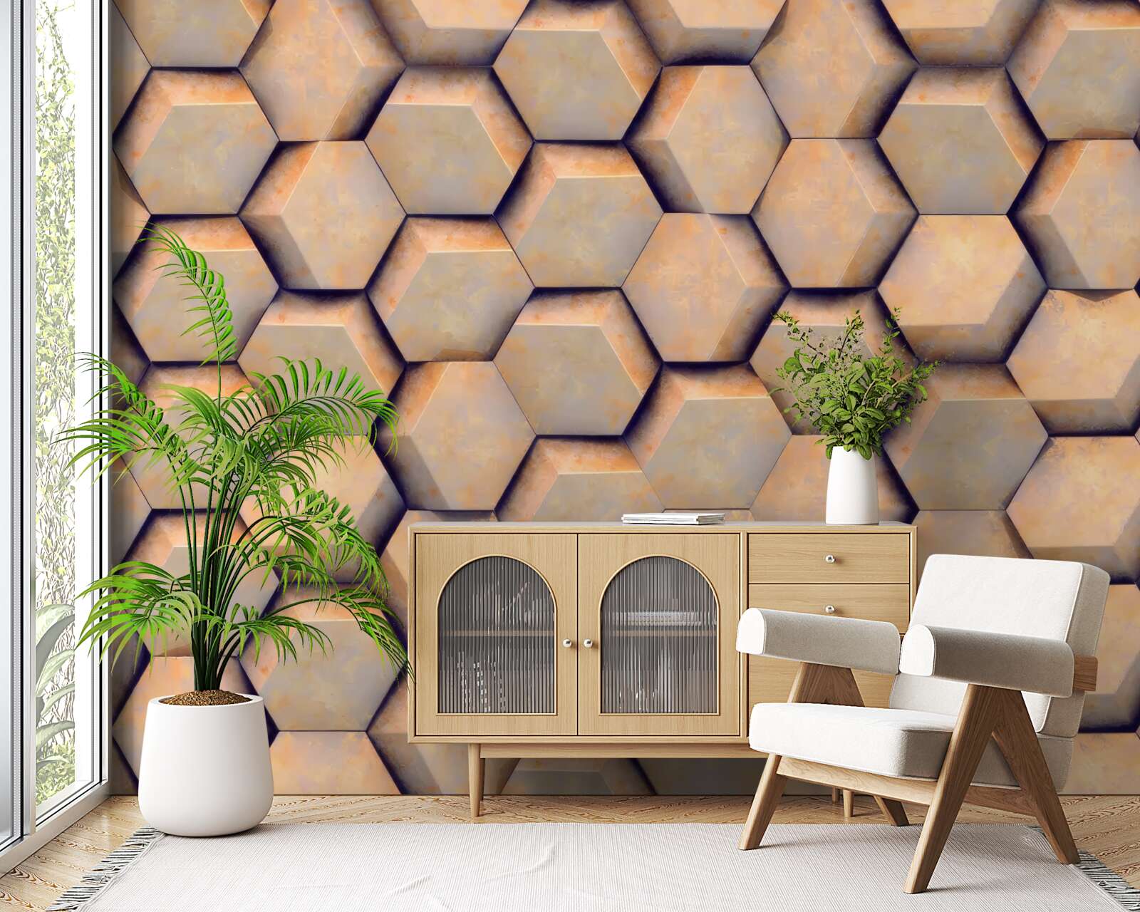 Fototapet hexagoane maro cu o formă tridimensională