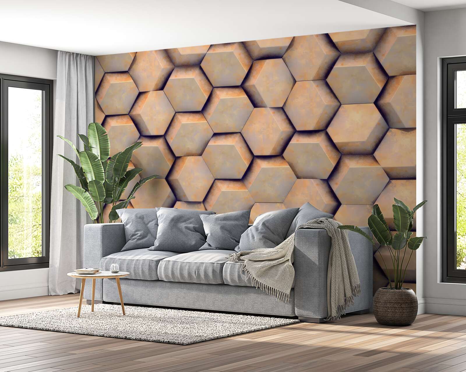 Fototapet hexagoane maro cu o formă tridimensională