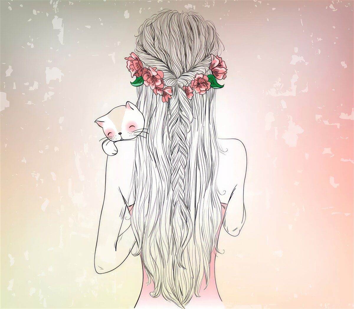 Fototapet fata stă pe spate, ținând o pisică în mâini