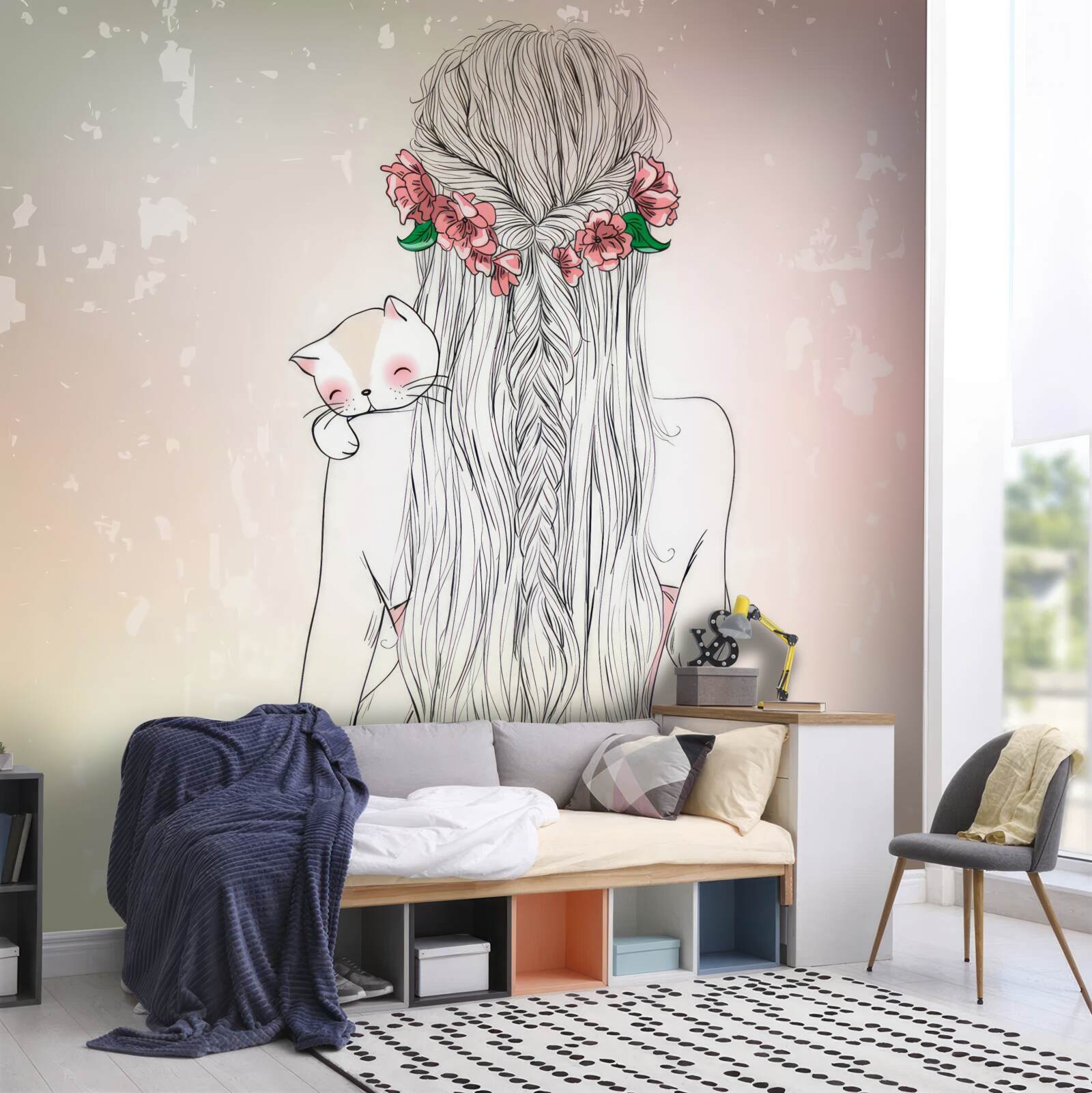 Fototapet fata stă pe spate, ținând o pisică în mâini