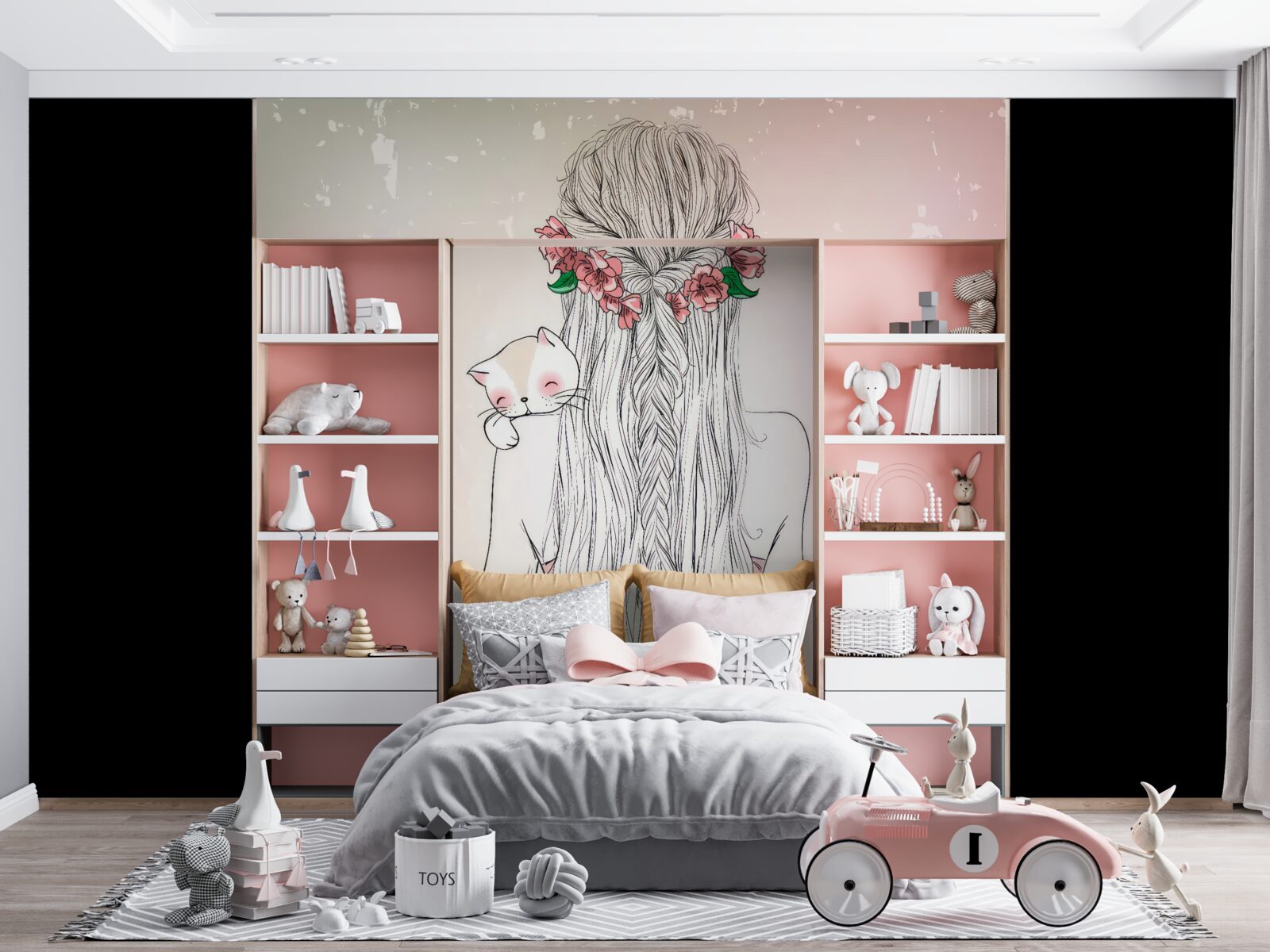 Fototapet fata stă pe spate, ținând o pisică în mâini