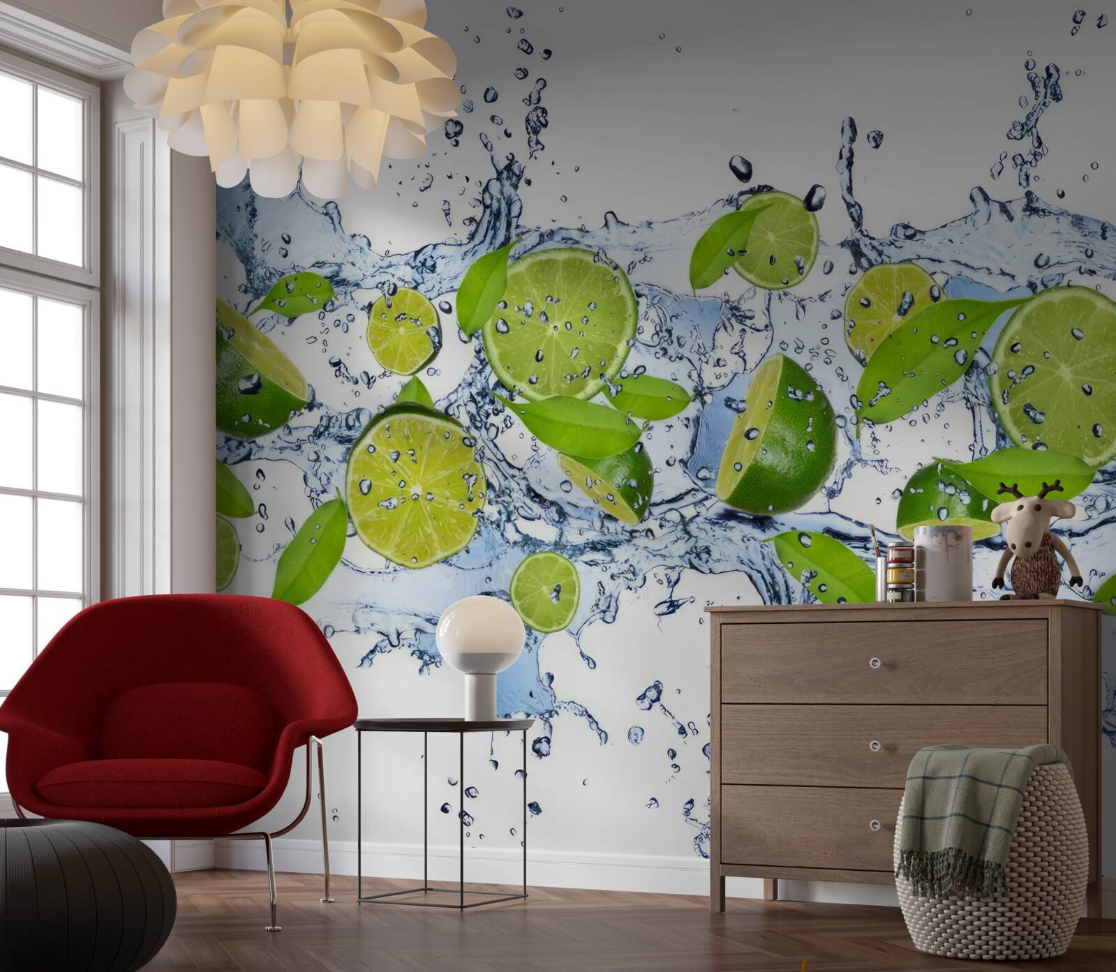 Fototapet lime tăiate felii și puse în apă