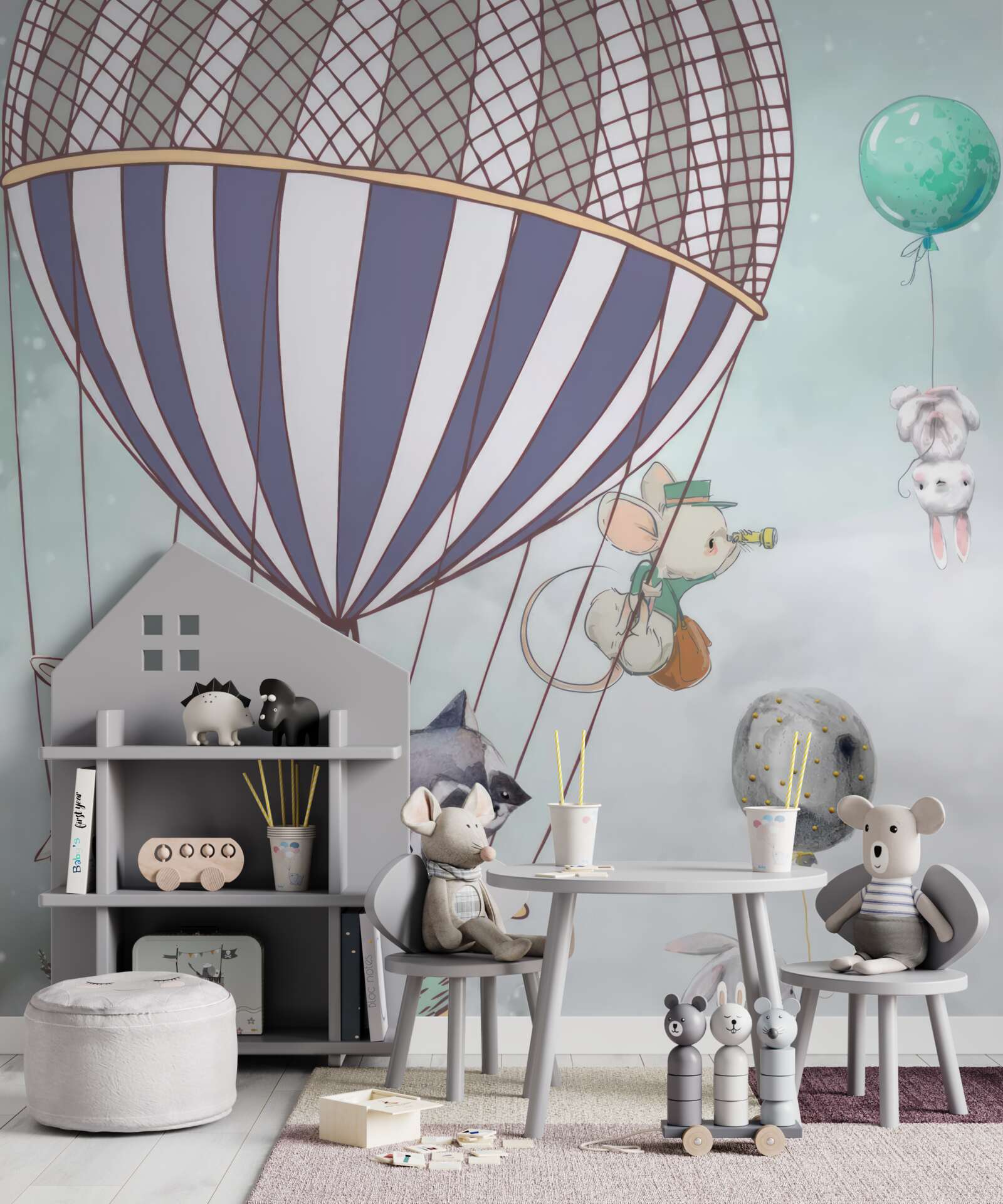 Fototapet animalele călătoresc într-un balon cu aer cald cu baloane care plutesc alături de ele