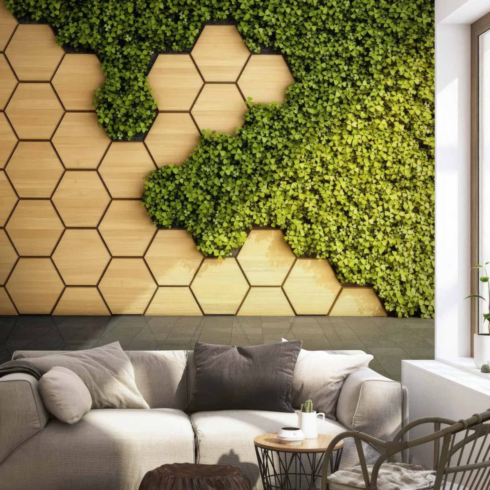 Fototapet iederă verde înfășurată în jurul unui perete maro